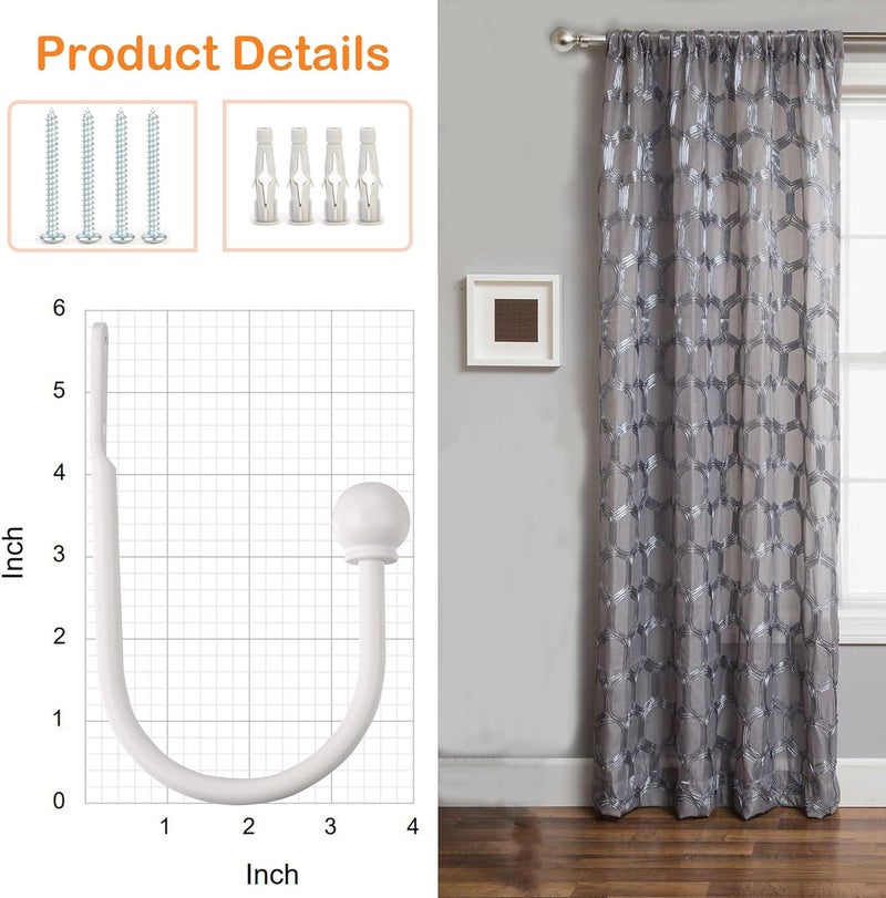 ARNORX Curtain Holdbacks, Hooks, 2 PCS，Solid Steel Hooks, Decorative French Ball End, Curtain Drapery Holdbacks, Wall Mounted, Curtain Tiebacks, White - Image 4